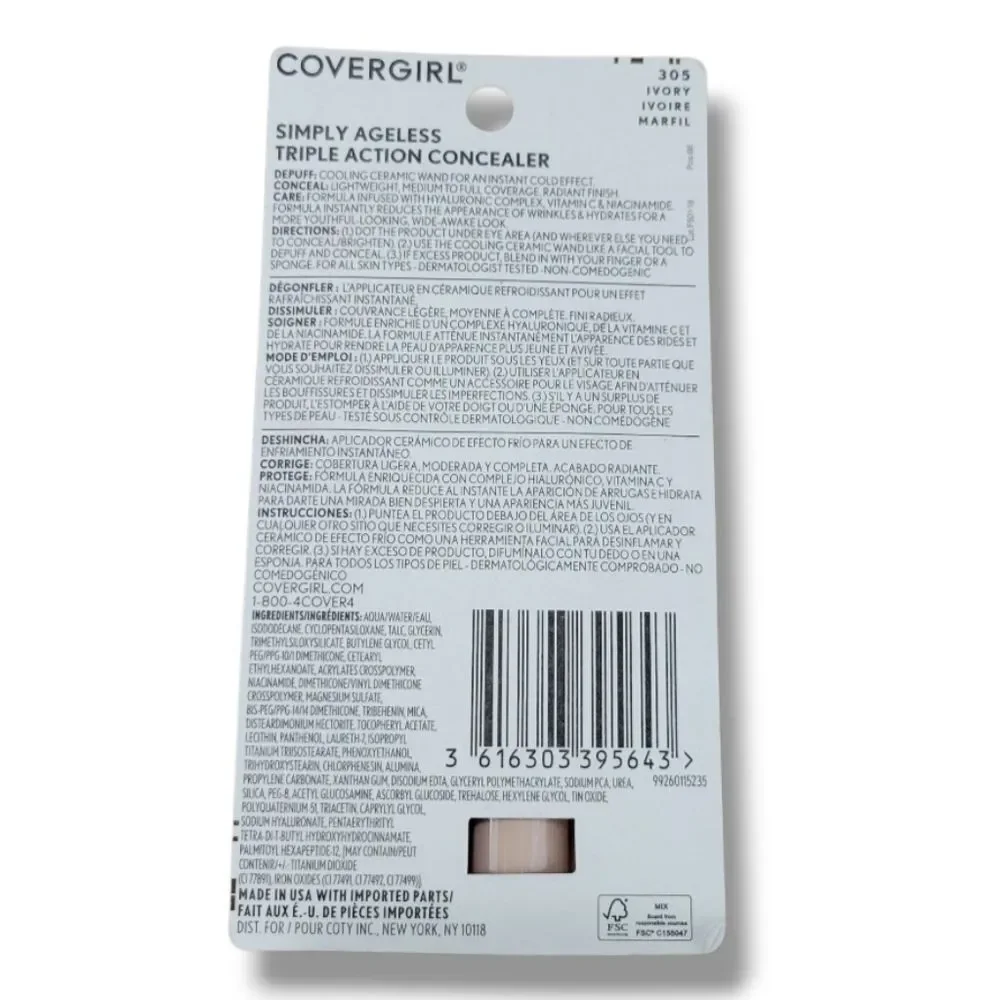 New Covergirl Simply Ageless Triple Action Concealer 305 Ivory Color - Pack Of 3